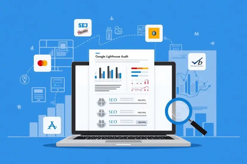 Digital illustration of a laptop displaying a Google Lighthouse audit report with performance metrics. Around the laptop, floating icons and logos of major retail companies represent different websites being analyzed.